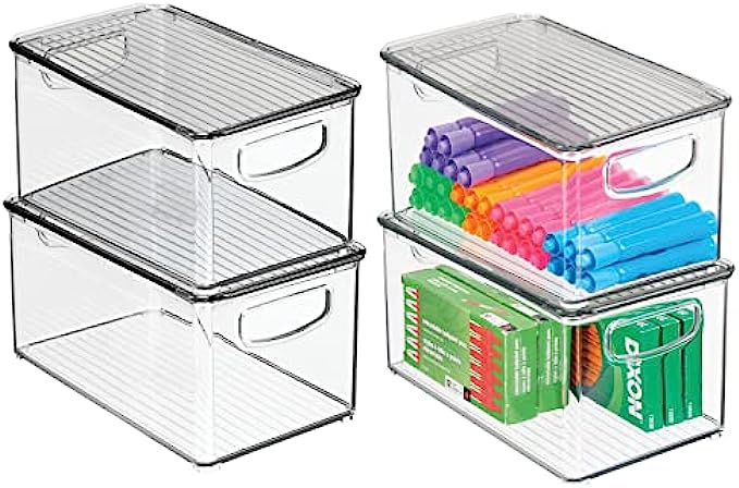 mDesign Plastic Storage Bin Box Container with Lid - Built-in Handles - Organization for Pens, Pencils, or Work Supplies in Home Office, Cabinet, or Desktop, 4 Pack, Clear/Smoke Gray
